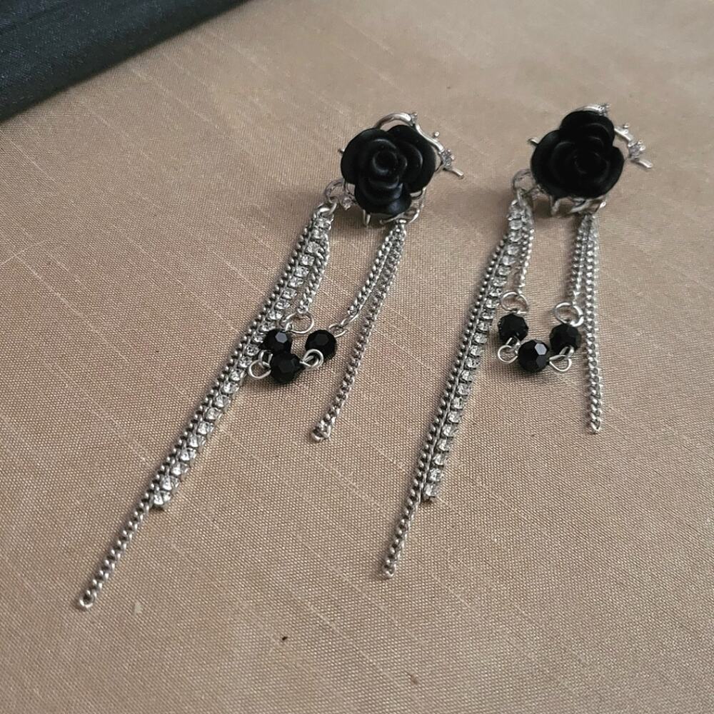 Gothic rose & rhinestone earrings, black accent beads, dangling silver chains